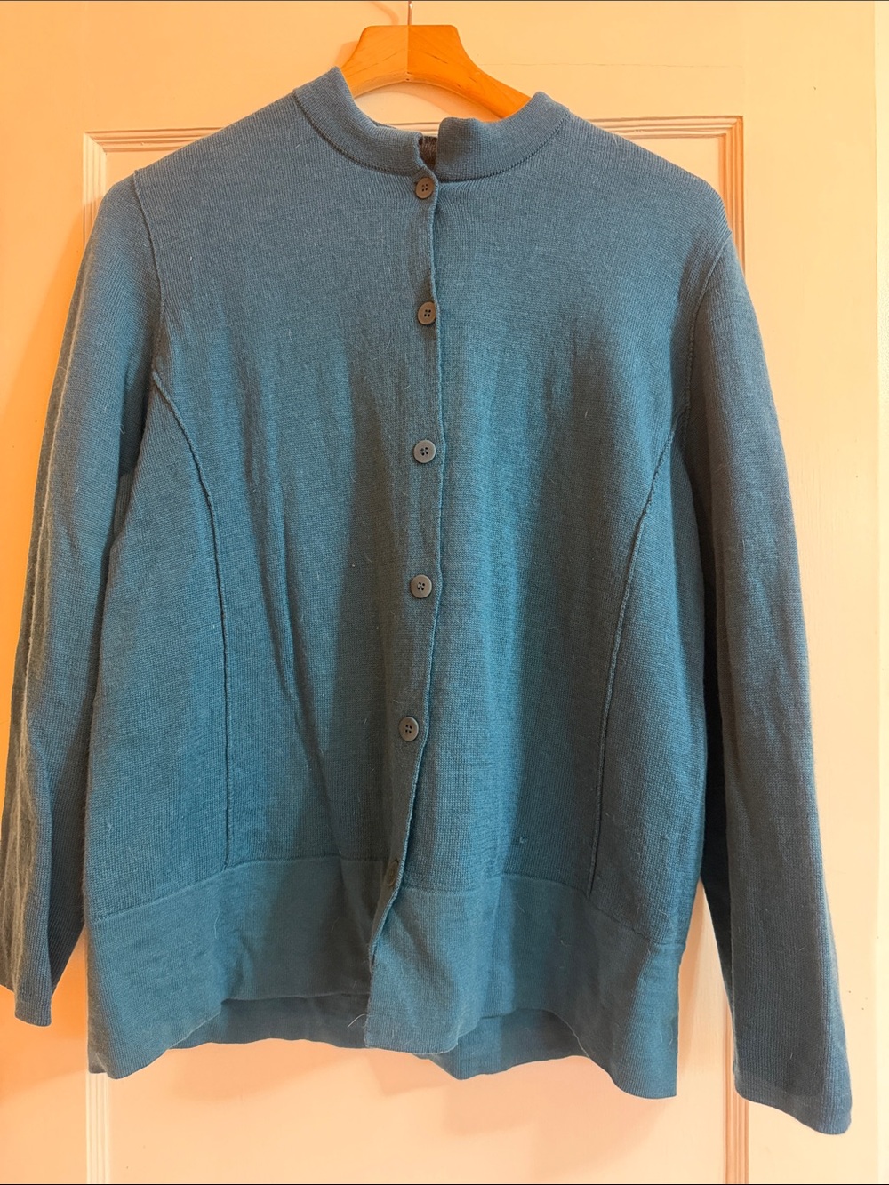 Eileen Fisher Teal Button-Front Wool Cardigan Sz L